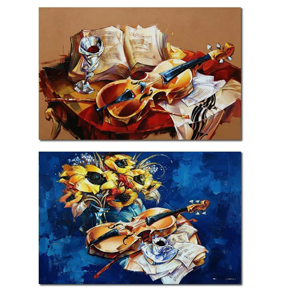 Oversize Modern Impressionist Violin Flowers Canvas Prints Contemporary Musician Still Life Wall Art for Studio Music Room Decor
