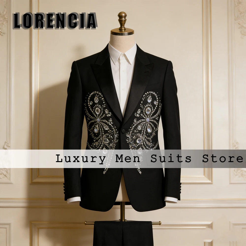 

Мужские костюмы с блестящими стразами, сверкающие смокинги с кристаллами, комплект для свадебной вечеринки, индивидуальный пошив, пиджак и брюки, современный мужской костюм