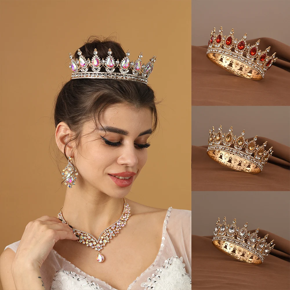 European Princess Queen Tiara Round Baroque Pageant Crowns Crystal Full Crown King Tiaras Bridal Wedding Hair Accessories