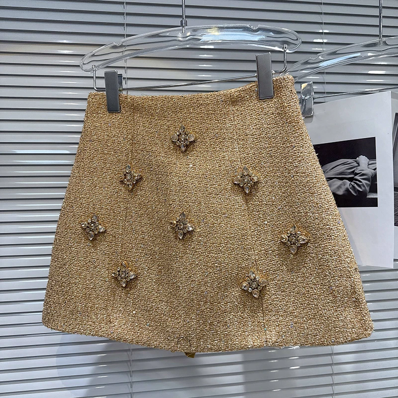 Spring Autumn Fashion Water Diamond Flower A-line Skirt Female High Waist Sequin Tweed with Lining Zipper Mini Skirt for Women