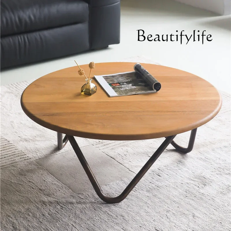 X Medieval Retro Teak Solid Wood Round Coffee Table Living Room Minimalist Household Small Tea Table Cream Wind Tea Table