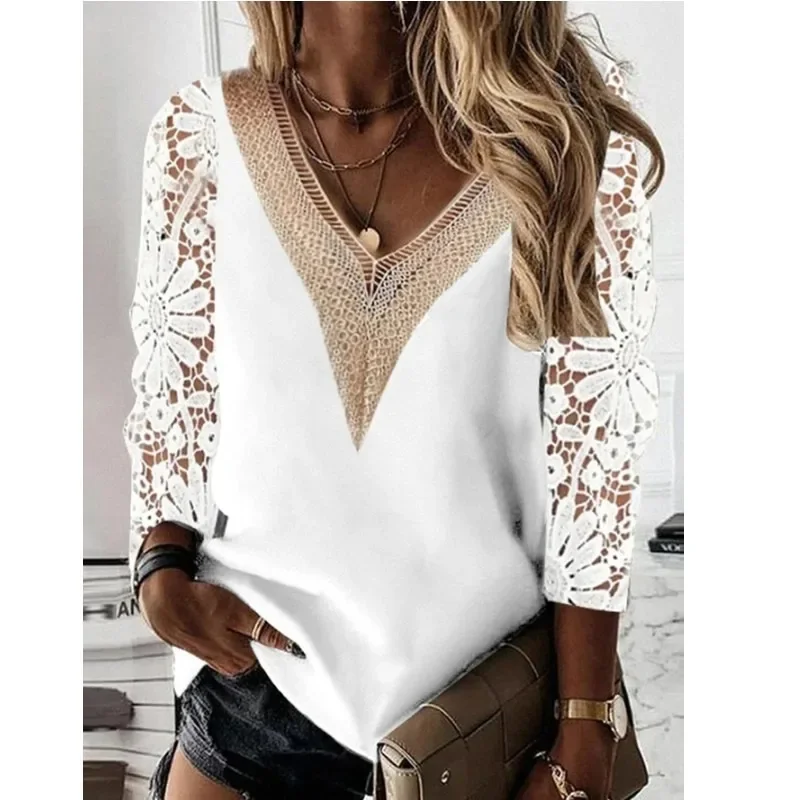 

Women's Blouse Fall Elegant Lace Stitching V-neck Long Sleeve Top Spring Hollow Out Vintage Shirt Y2k Casual Loose Office Blusas