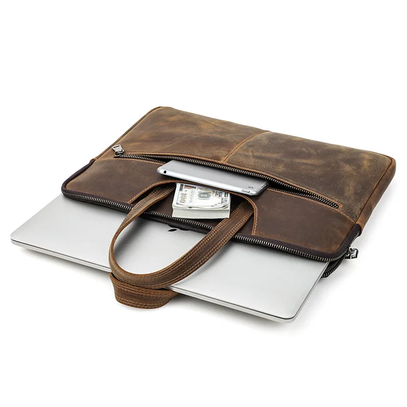 Genuine Leather Laptop Bag for MacBook 15 Inch Zippered Handmade Briefcase