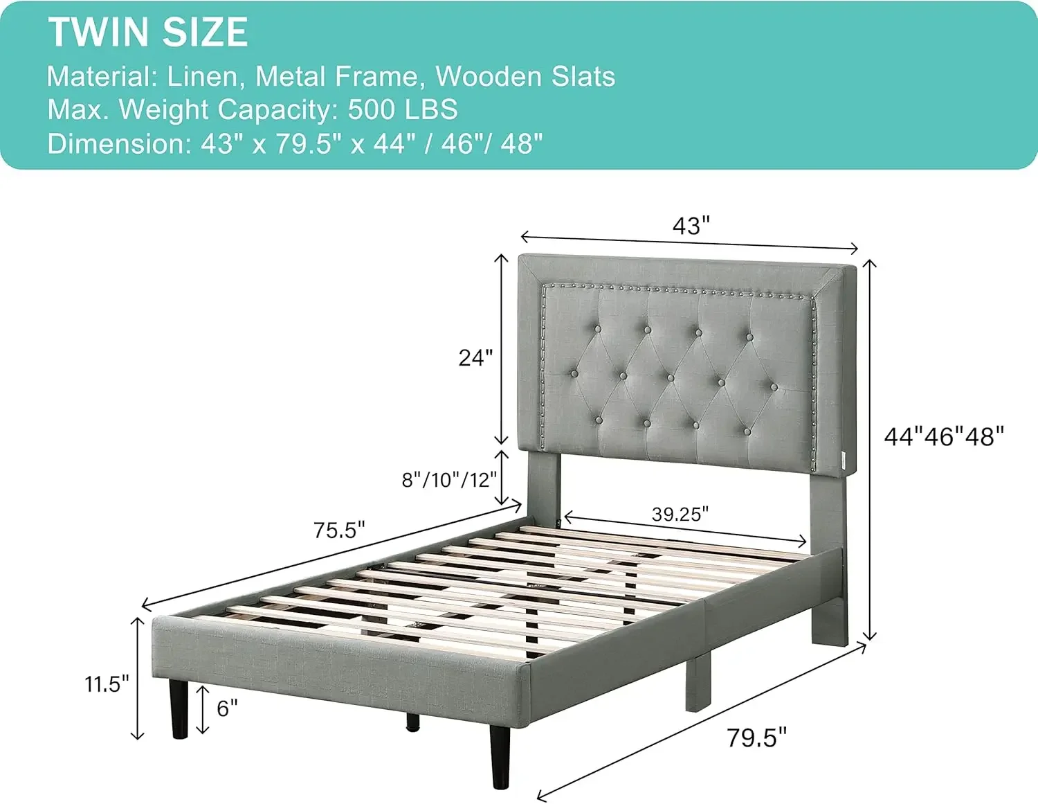 Twin Upholstered Platform Bed Frame with 48