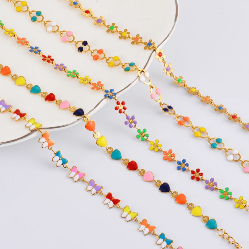 Mode Edelstahl Armbänder Mehrfarbige Blume Herz Emaille Charms Ketten Halskette Armbänder Für Frauen Partei Schmuck – Detail 1