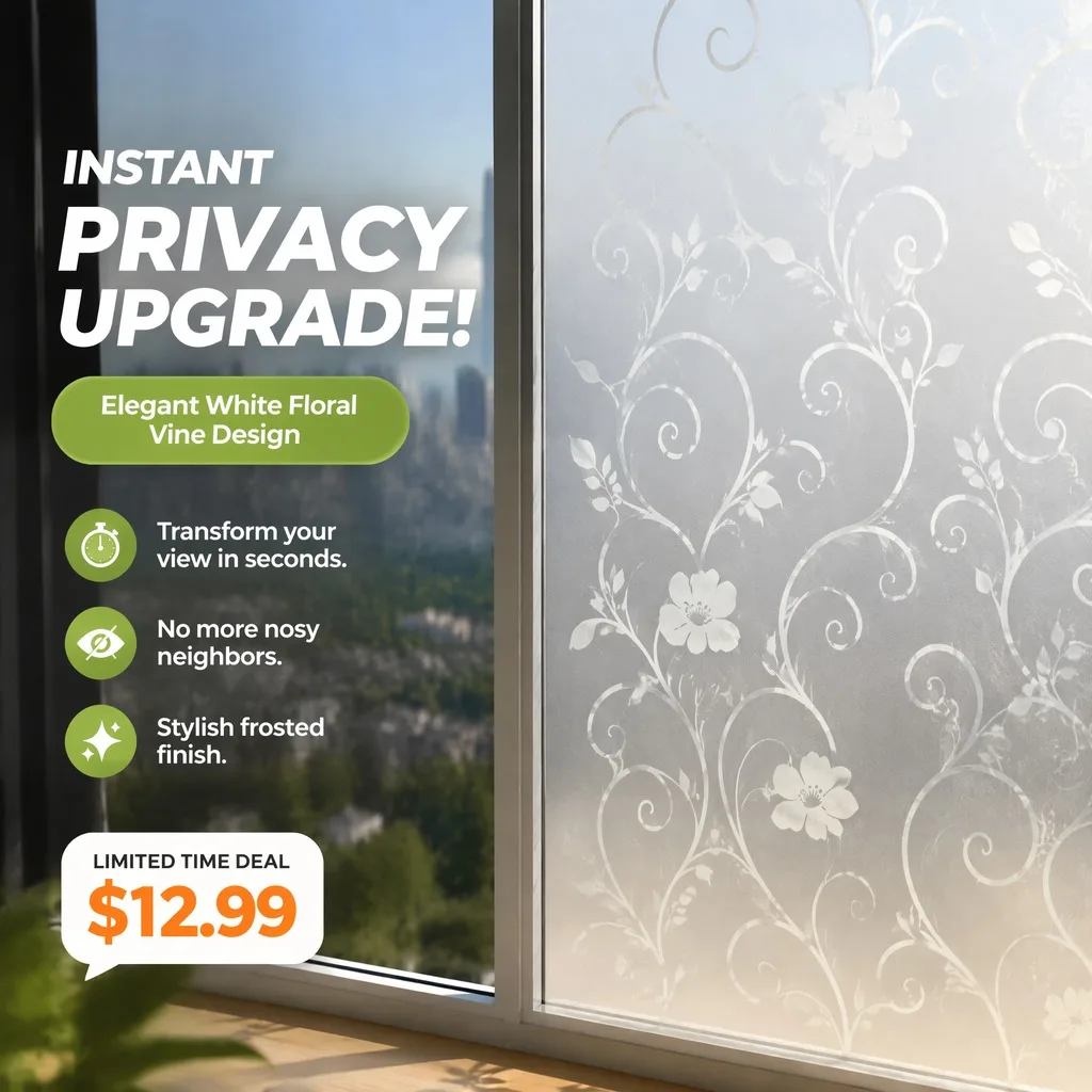 Vintage Curly Flower Vine Privacy Window Film Matte Frosted Glass Tint with Built-in Adhesive Easy DIY Cuttable Reusable for Cot