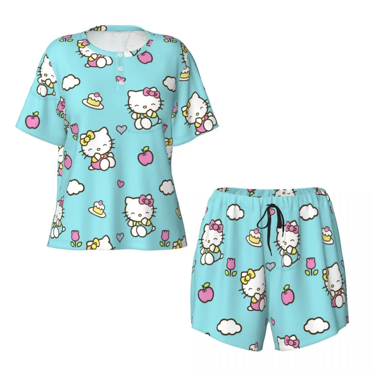 Women's Pajamas Set Hello Kitty Down Tops and Shorts Pajama 2 Piece Pyjama Femme Nightwear Loungewear for Summer