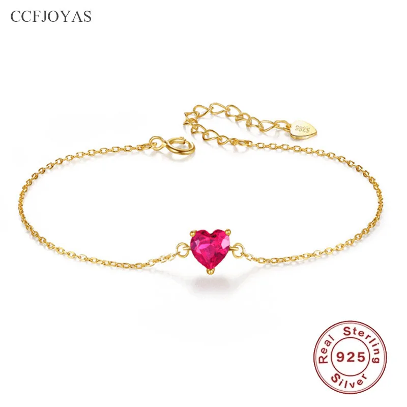 

CCFJOYAS 925 пробы Серебряный 14K позолоченный маленький красный браслет с сердцем женский корейский стиль Простой японский стиль рубиновый браслет