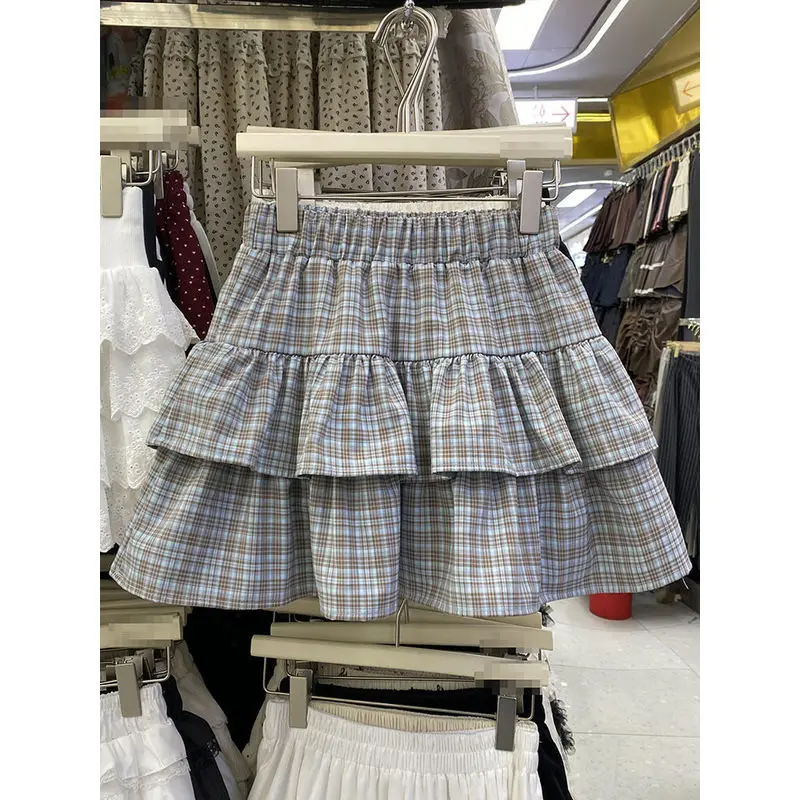 plus Size Plaid Summer New High Waist Puffy Half-length Skirt Slimming Meat Covering Lace  Cake Skirt Commute Style