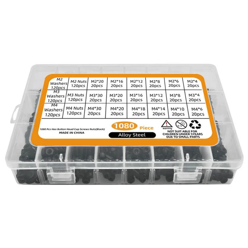 1080Pcs M2 M3-M4 Hex Socket Cap Screw Kit Grade 12.9 Carbon Steel Black Oxide Bolts Nuts Washers Set For Machinery 3D-Printer RC view 2