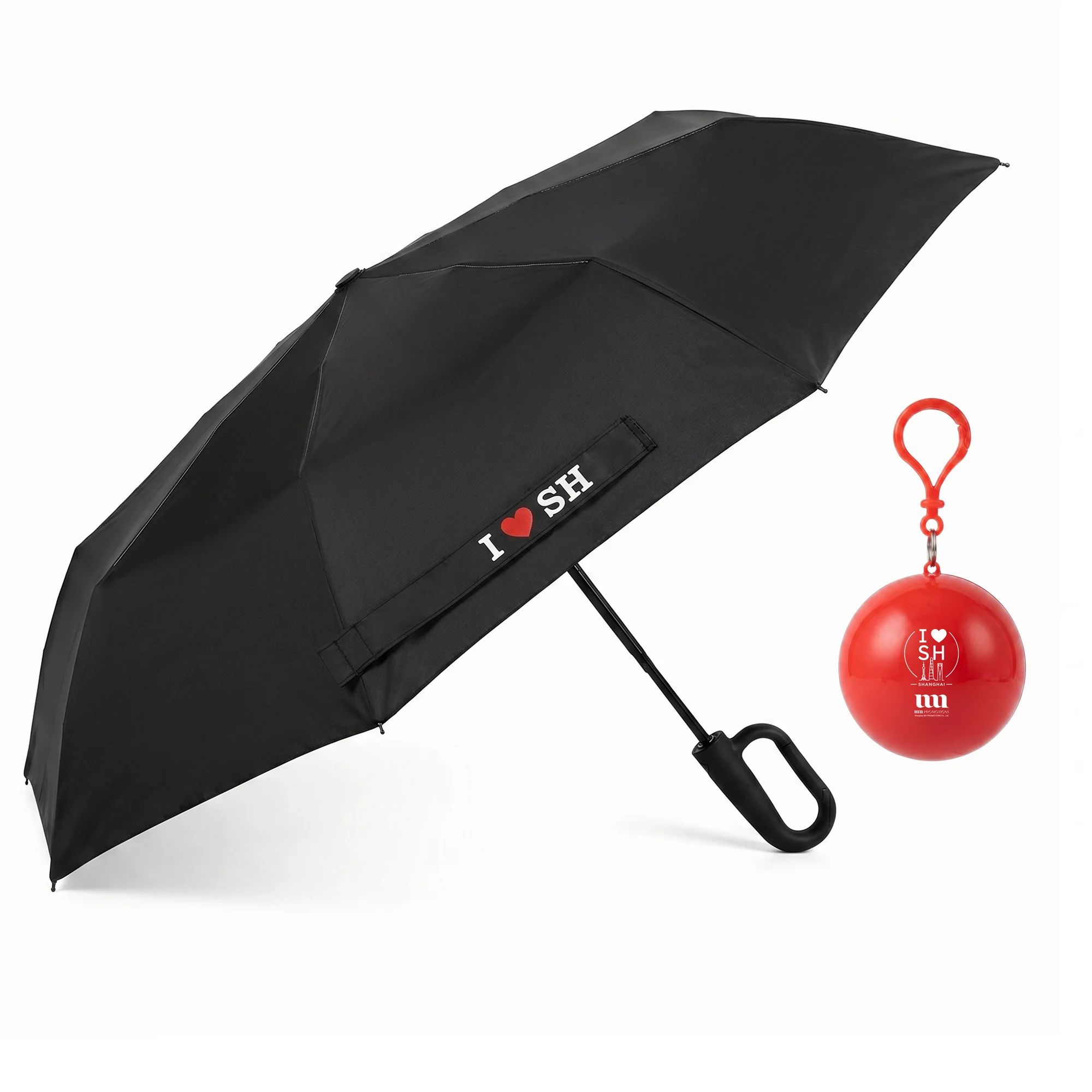 I Love Shanghai Hook Umbrella & Mini Disposable Rain Poncho Ball , Cute Football‑Shaped  Raincoat, Souvenir Gift