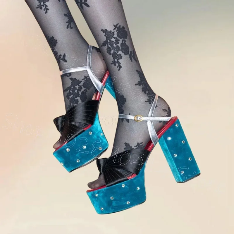 

Knot Crystal Design Corduroy Platform Sandals Buckle Strap Women Shoes Chunky High Heels Open Toe Feast 2025 Zapatos Para Mujere