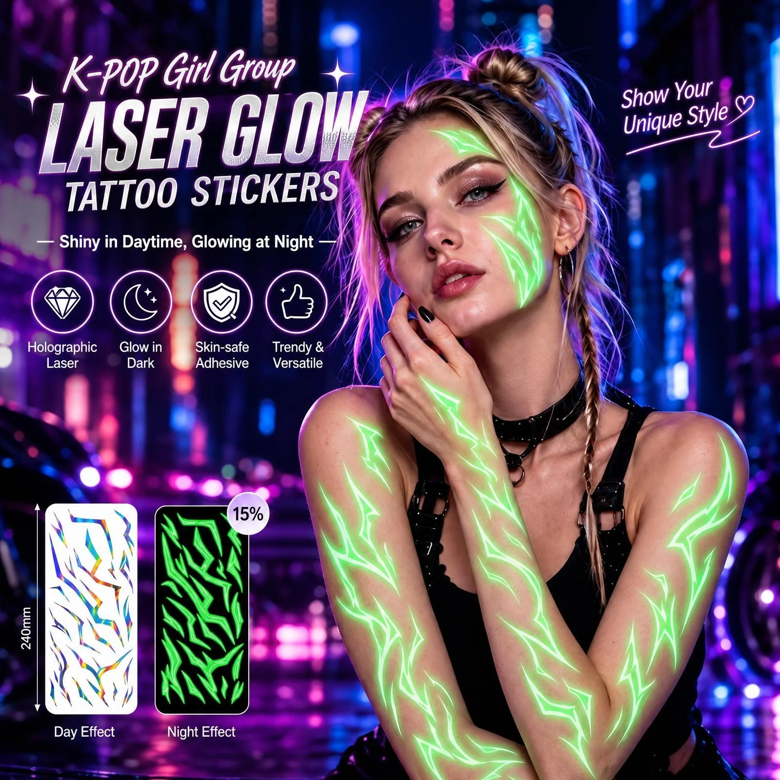 Holographic Glow In Dark Temporary Tattoo Waterproof Lightning Face Body Stickers for Kpop Concert Rave Festival Party