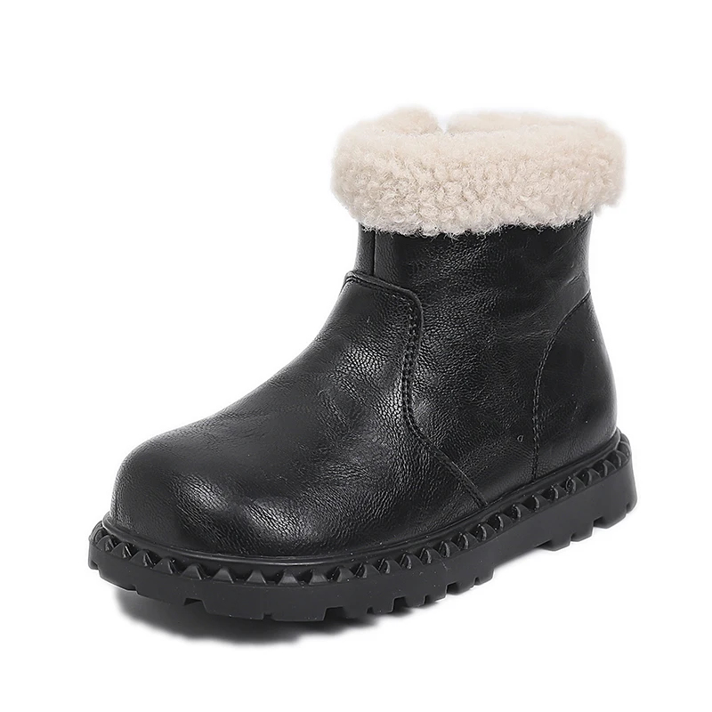 Children's Winter Boots Girls Boy Leather Faux Fur Lined Low-Top Boots with Non-Slip Rubber Sole, Kids' Cold Weather Footwear