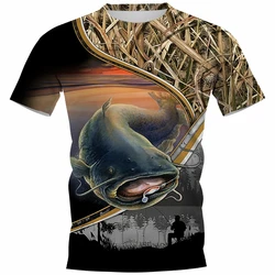 Summer Carp Fishing Print Men's T-shirt Outdoor Catfish Print Loose Short Sleeve Round Neck Plus Size Casual Street Top