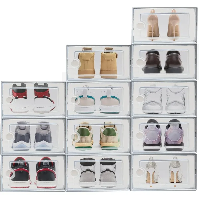 

12 Pack Shoe Storage Box, Space Saving Shoe Boxes Clear Plastic Stackable Organizer with Lids for Closet, Foldable Sneaker