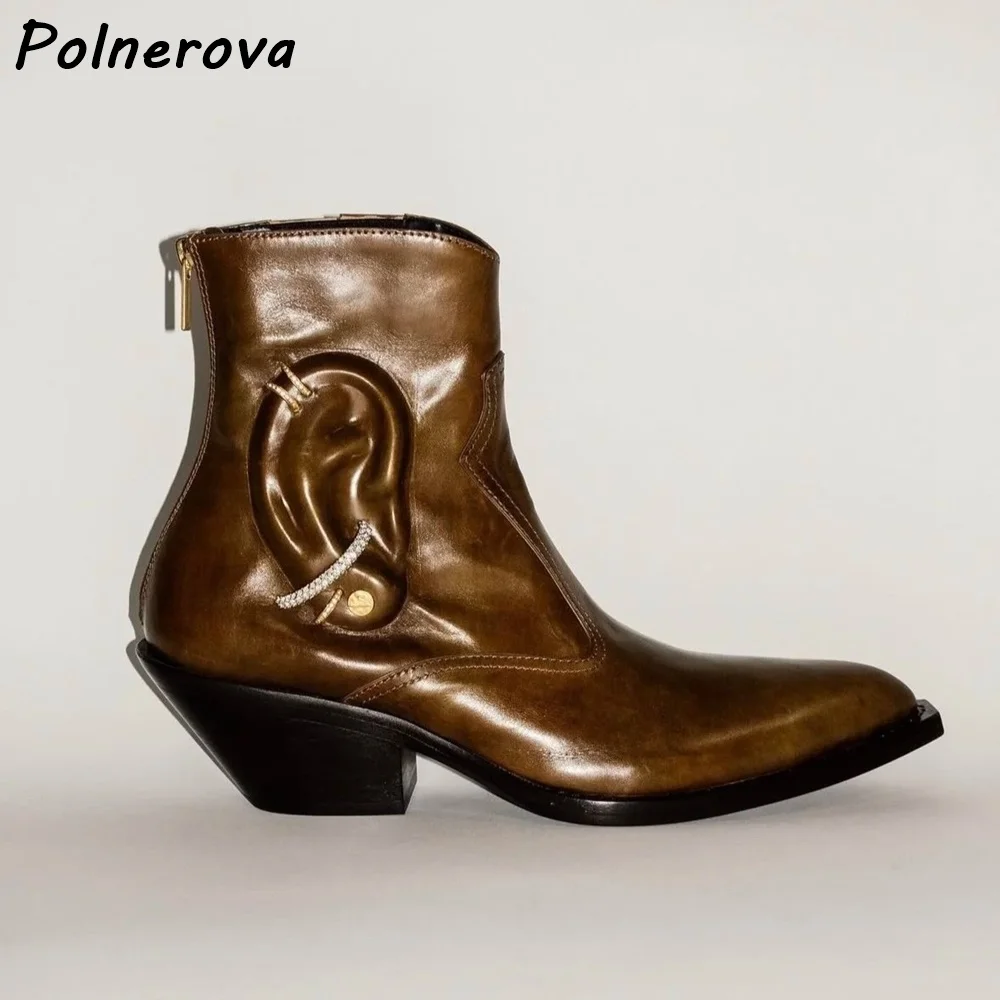 

Ear Sewing Ankle Boots Metal Bling Ring Leather Black Brown Pointy Toe Chunky Heels Shoes Women's Chic Design Back Zipper Shoes