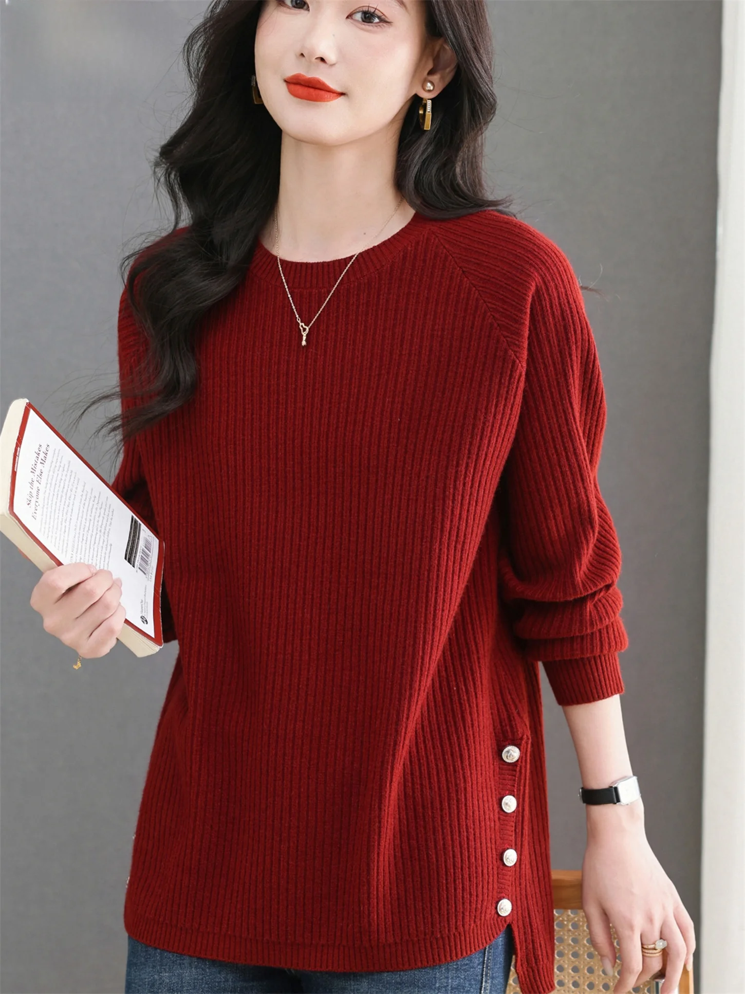 

Comfortable Woolen Base irt Loose Fit Warm Autumn Winter New Sle Pure Color for Middle-Aged And ly Women Bot Cover