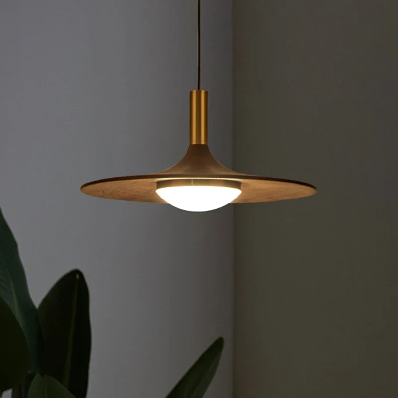 Nordic Flying Saucer LED Pendant Light Fixture Solid Wood Copper Home Lighting for Living Room Kitchen Island Bedside Hanging La