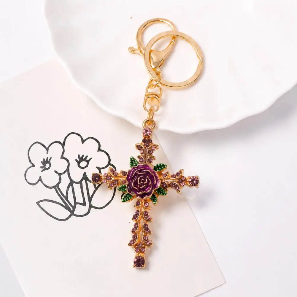 Retro Purse Charm Retro Rhinestone Rose Keychain Pendant Golden Plated Alloy Key Ring for Men Women Handbag Backpack Decoration