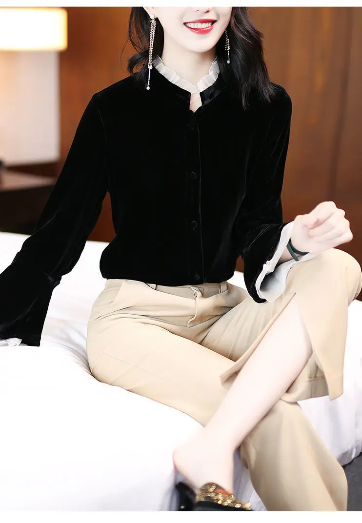 Western Style Small Shirt High-end Gold Velvet Shirt Women\'s New French Style Top Temperament Stand Up Collar Shirt