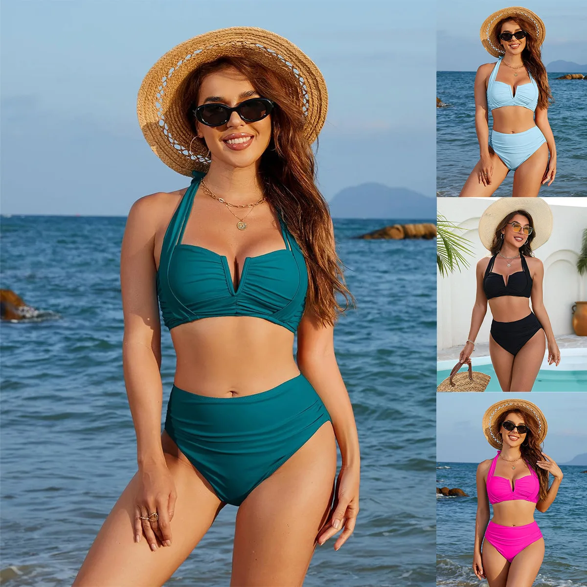 2025 ملابس السباحة النسائية الجديدة موضة بلون بيكيني معلق الرقبة مثير ملابس السباحة عالية الخصر مجموعة البكيني