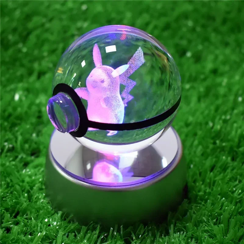

3D Crystal Ball Pikachu Figure Children Toy Pokeball Crystal Glass Ball Lamp LED Night Light Base Gift