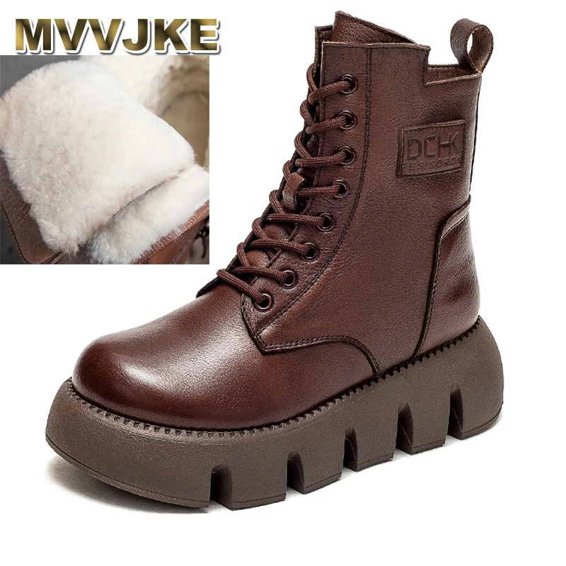 

Winter Plush Spring British Wedge Ankle Shoes 5.5cm Women Boots Cow Genuine Leather Ethnic ZIP Platform Warm Moccasins