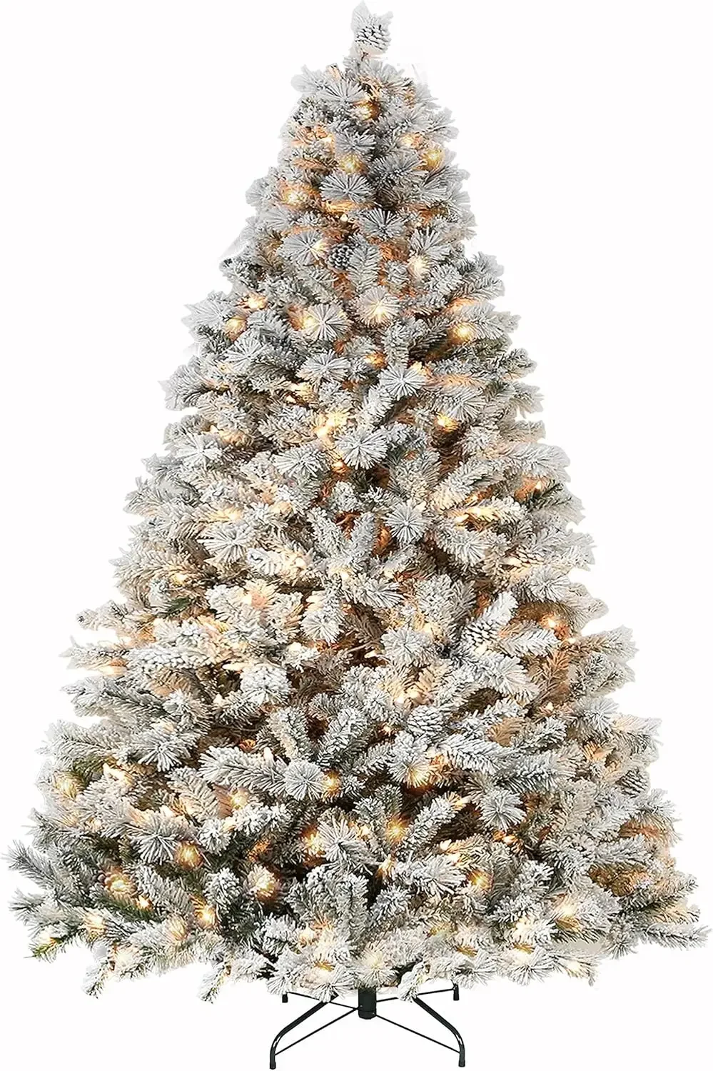 9ft Snow Flocked Christmas Tree Artificial Christmas Tree with 2100 Tips, 600 Warm White Lights, Metal Stand and Hinged Branches