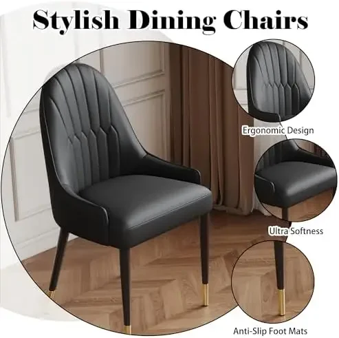 Black Dining Chairs Set of 2 with High Backs Mid Century Modern Kitchen Dining Room Chairs PU Faux Leather Upholstered view 5