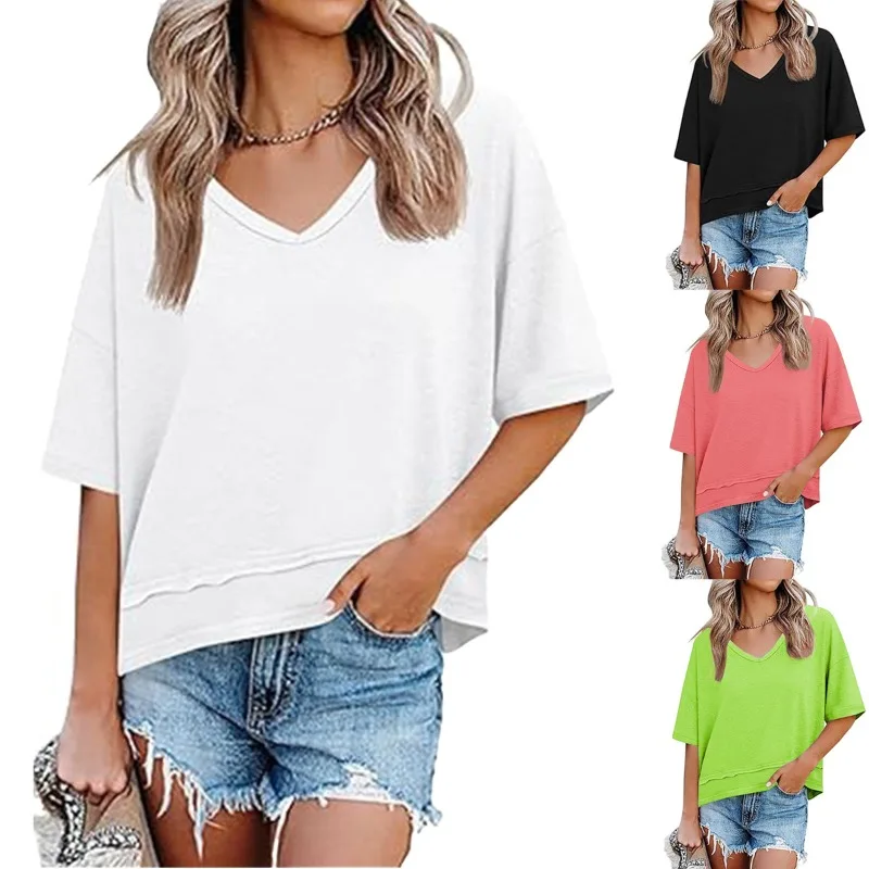 Women's Oversized T-shirt Casual Loose Short Sleeve Tee V‑Neck Drop Shoulder Raw Hem Cropped Boxy T‑Shirt for Daily Street