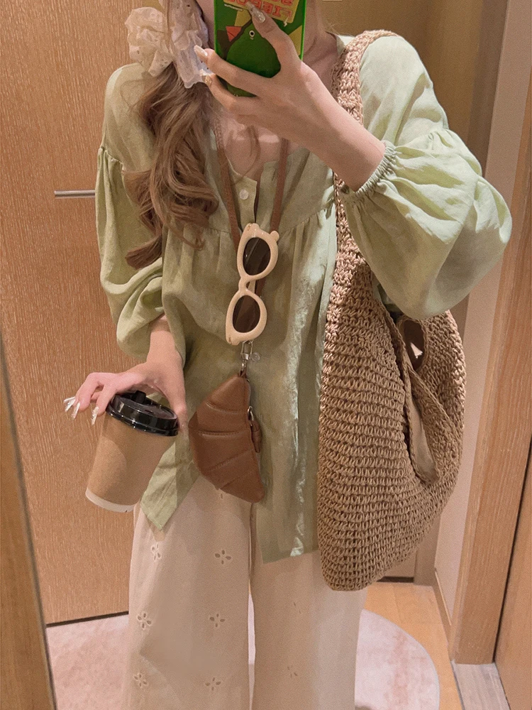 

Yukiss Light een Long Sve Linen V-Ne irt Women Summer Loose Doll Top Sun Protection Upper Apparel Ladies irt