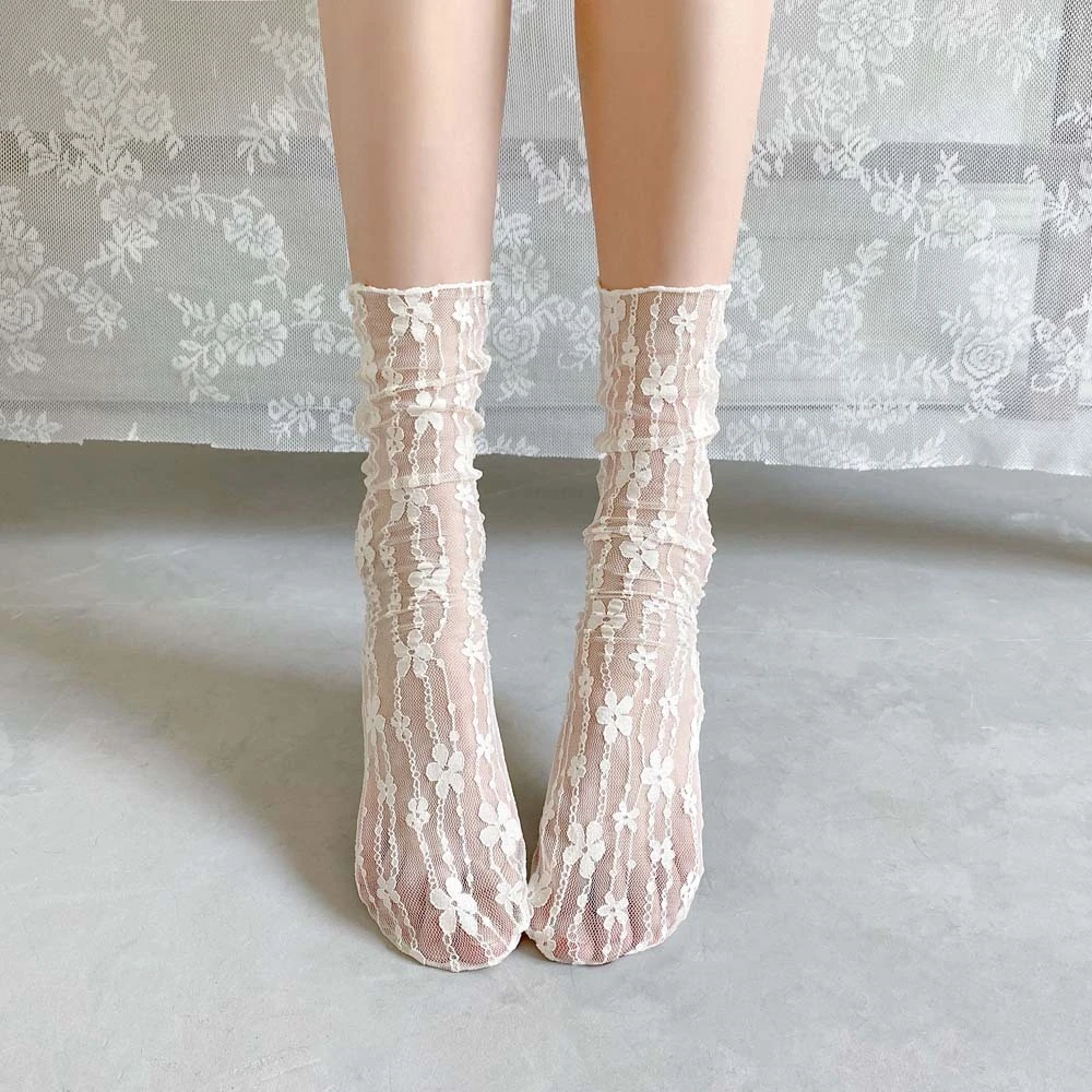 Modne letnie ażurowe skarpetki dla dziewcząt, miękkie, świeże, z koronką i kwiatami, eleganckie, damskie, oddychające, cienkie, siateczkowe, dropshipping.