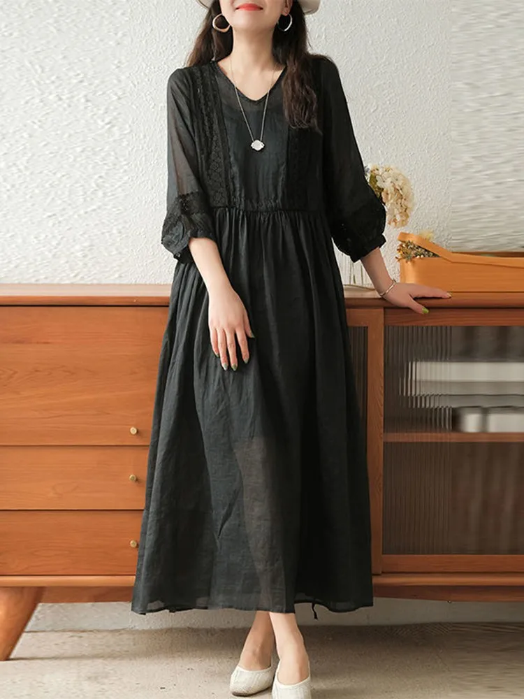 Women Summer Casual Dress New Arrival 2022 Vintage Style V-neck Lace Loose Comfortable Ladies Elegant A-line Long Dresses D386