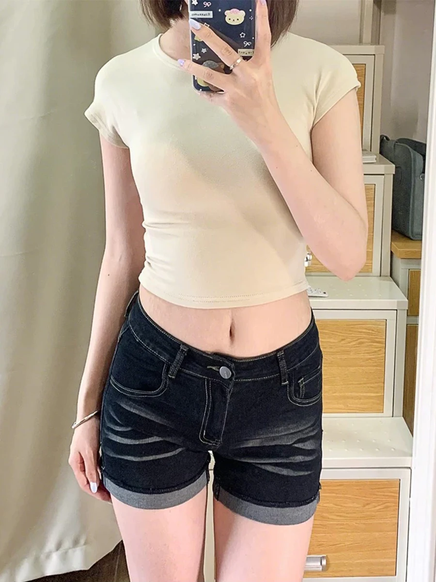 

Легкие летние джинсовые шорты с высокой талией и прямыми штанинами для женщин больших размеров, в стиле ретро, американские, стройнящие, синие, эластичные