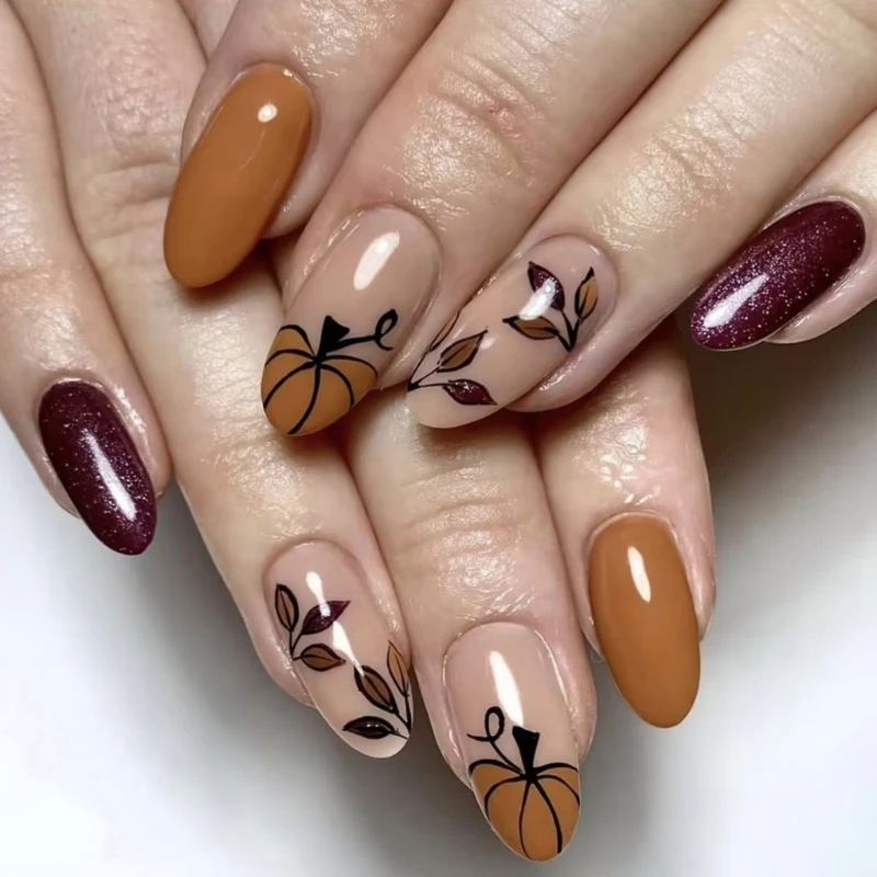 Conjunto unhas ação graças com 24 peças unhas artificiais abóbora amêndoa com desenhos folhas bordo, arte