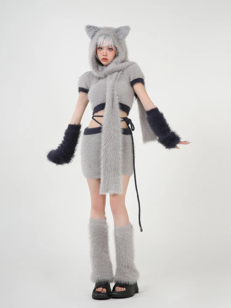 ADAgirl-Ensemble pull Kawaii gris pour femme, manches perfectionnées imbibées, jupe fine, chapeau oreilles de chat, vêtements coréens mignons,