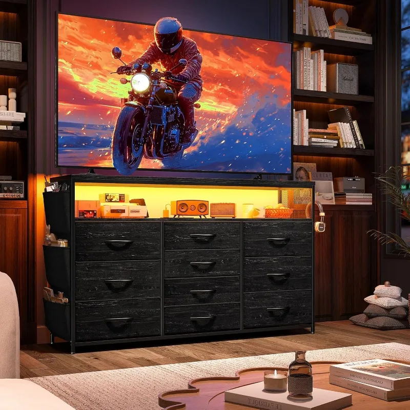 

Комод под телевизор с 10 ящиками для 55-дюймовой подставки под телевизор для спальни со светодиодной подсветкой и розетками Широкий комод для спальни w