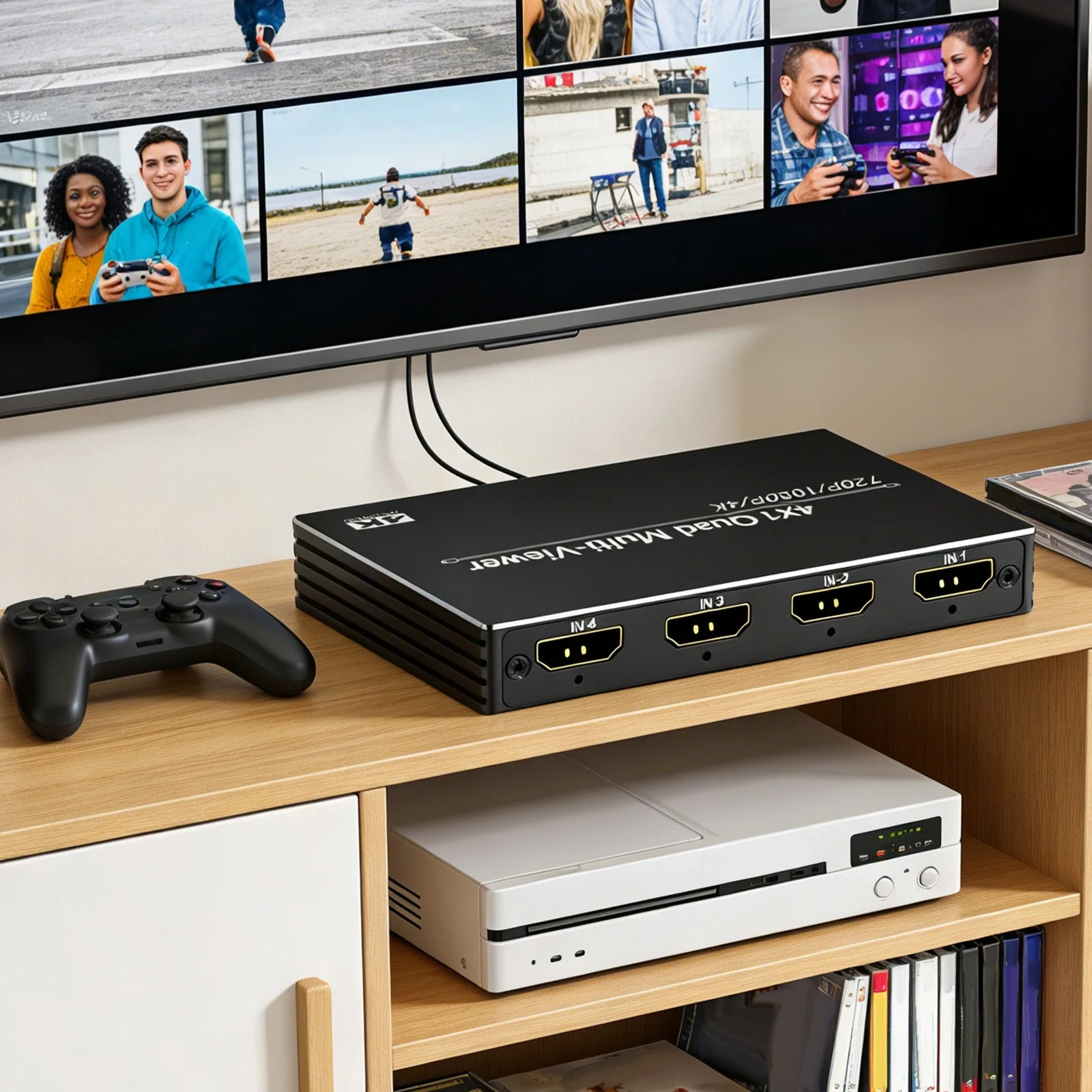 4 In 1 Out HD-Compatible Video Splitter 5V1A Multi Viewer Seamless Switcher for Office Meeting/Home/Conference Hall