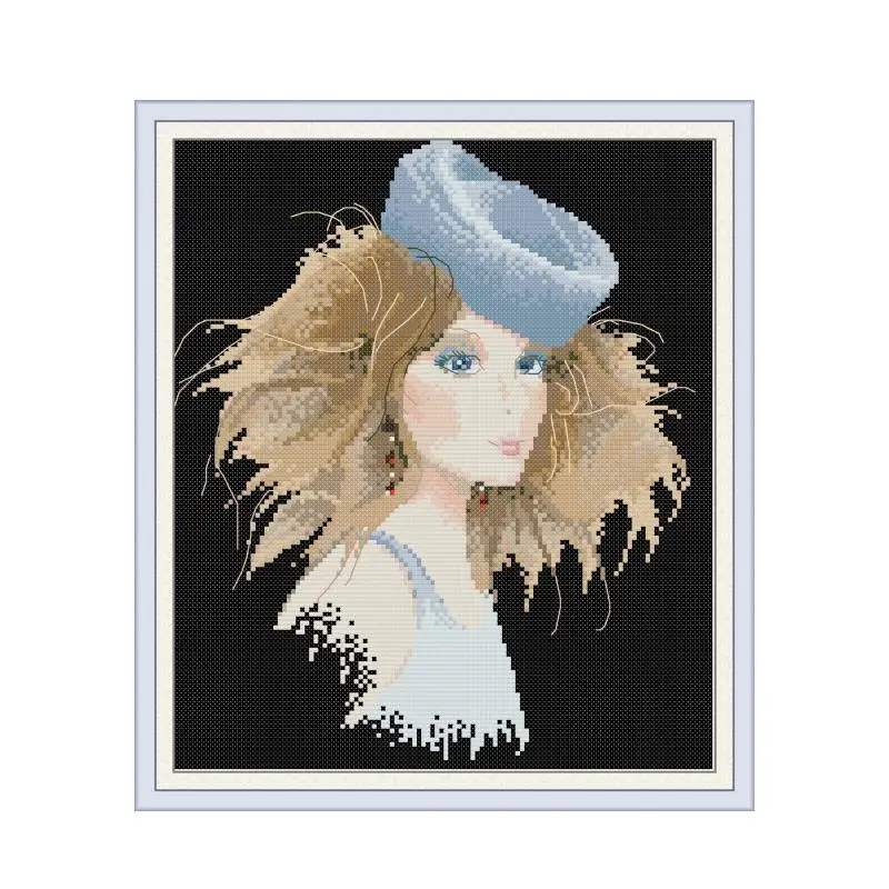 Lady in Blue Hat Cross Stitch Kit, Bird, Winter Snow, 18CT, 14CT, 11CT, Count Printed Embroidery, DIY Handmade Needlework Craft,