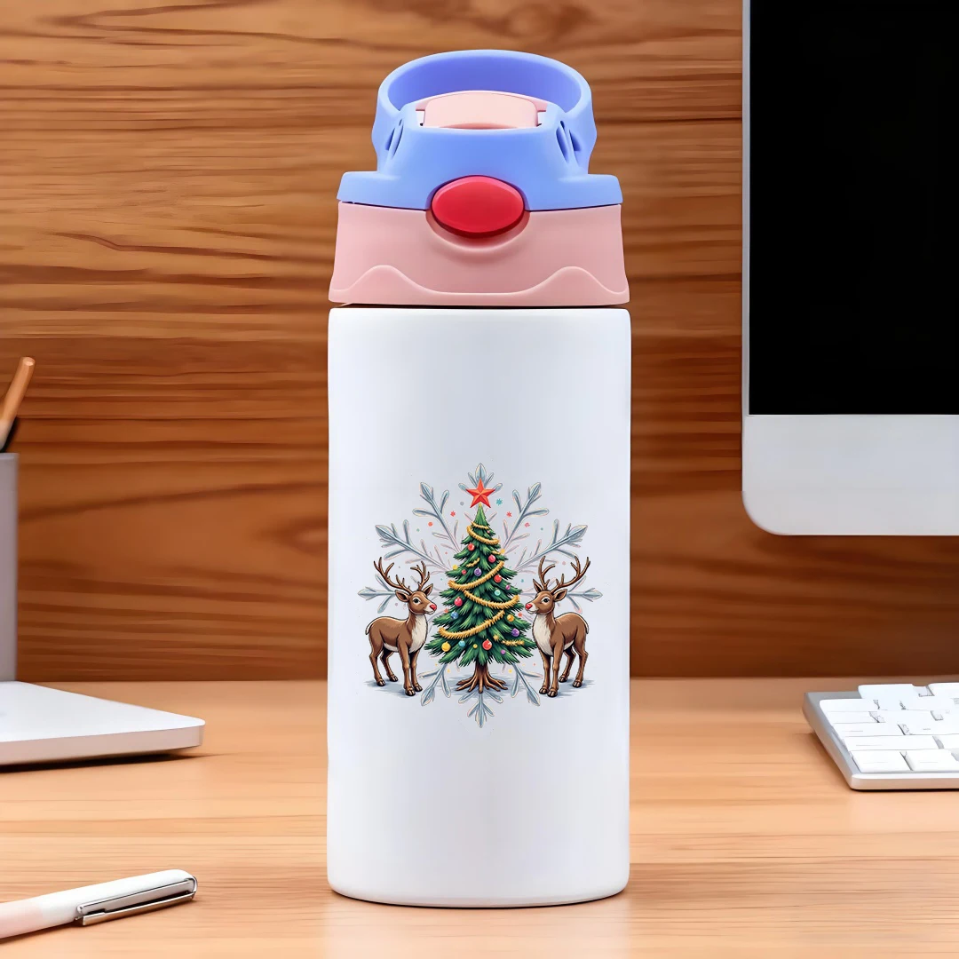 แก้วเก็บความร้อนสแตนเลส 304 แก้วหลอดดูดสำหรับเด็ก ลายการ์ตูนกวางเรนเดียร์ ต้นคริสต์มาส ลายเกล็ดหิมะสุดน่ารัก รุ่นคริสต์มาส