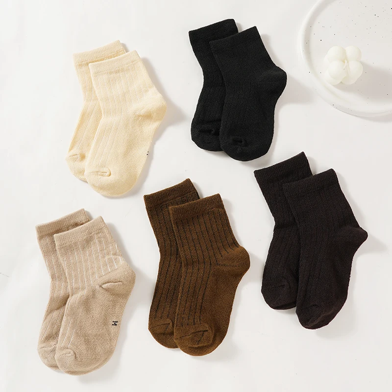 5 Pairs/set New Autumn Simple Children\'s Socks Rib Cotton Solid Color Mid-Tube Socks Soft Breathable Skin-Friendly Casual Socks