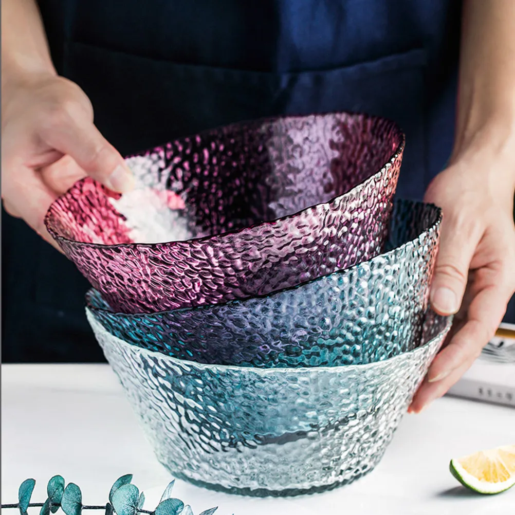 

1.6L Premium Crystal Clear Glass Salad Bowl Modern Hammered Texture Dessert Fruit Vegetable Serving Bowl Transparent Snack