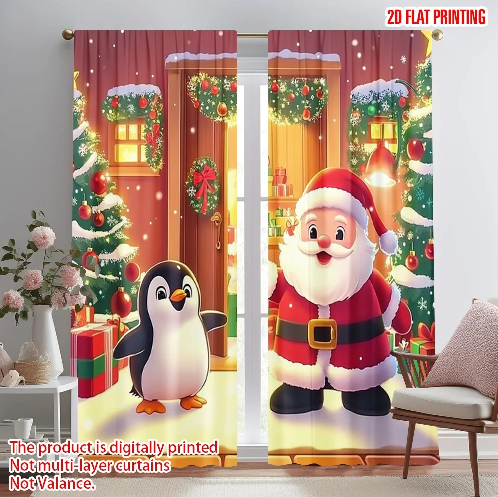 2pcs,2D plane printing Curtain Popular Merry Christmas Santa Penguin Door (2) Polyester Woven (without rod) Decorations Outdoor