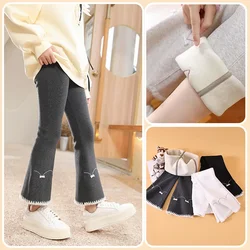 Meisjes Wijd Uitlopende Broek Kinderen Fleece Gevoerde Eendelige Fluwelen Verdikte Legging Baby 'S Strik Winter Bovenkleding Broek