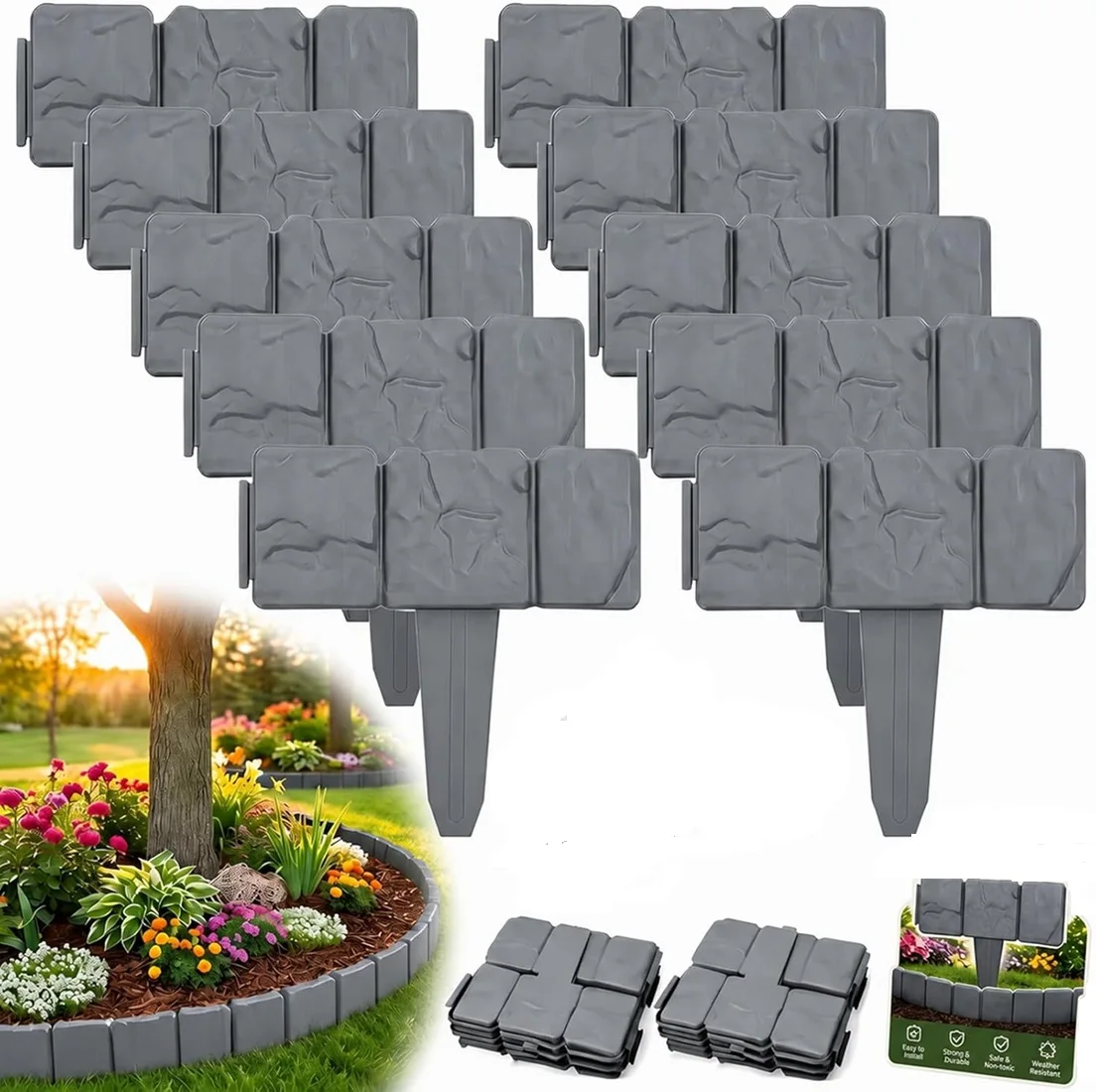 Imitation Stone Garden Fence, Plastic Retaining Edging Border, Interlocking Decorative Panels Flower Bed Path Lawn Outdoor Picke