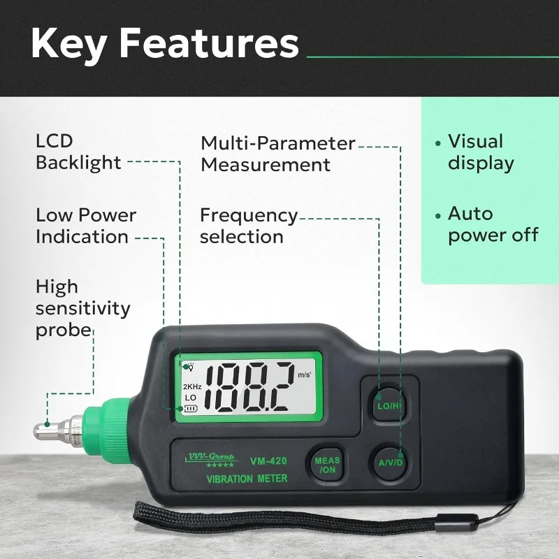Vibration Meter VM-420 Digital Vibrometer Handheld Vibration Analysis Equipment Acceleration Velocity Displacement Measurement