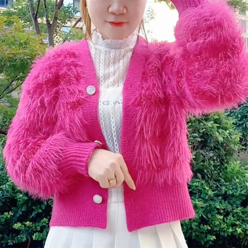 

Rose Red Coat Small Fragrant Imitation Mink Fleece Hairy Sweater Coat Womon Spring Autumn Winter Short Knitted Top Jackets