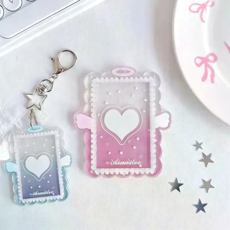 Cute Acrylic Kpop Photocard Holder Angel Wing Design Star Keychain For Fans Photo Collection ID Card Display Bag Pendant 1Pcs