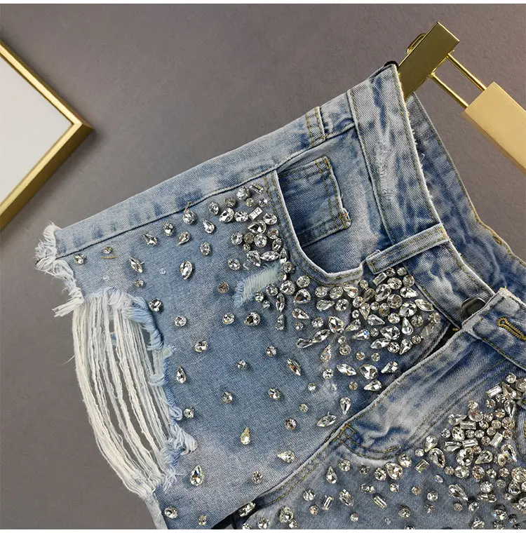 2024 Summer Women Ripped Tassel Hole Rhinestone Wide Leg Blue Denim Shorts , Fashion Bling Bling Shorts for Woman